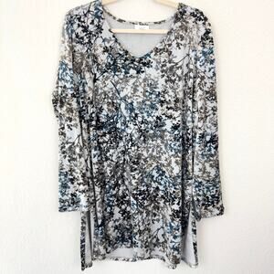 J. Jill Womens Pure Jill Velvour Tunic Top Size L Floral Long V Neck Winter Blue